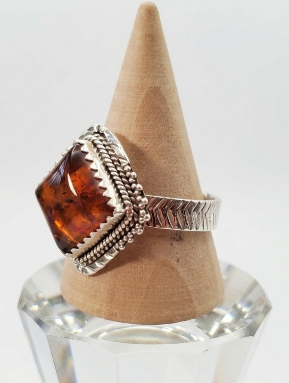 Amber Size 9 NEW Ring 925 Sterling Silver Cushion Honey Bali Boho Wide Band Cut